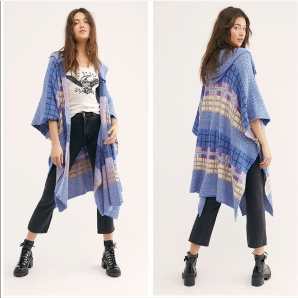 Free People Mercer Hooded Kimono Duster Long Line Cardigan Sweater Blue Purple - Picture 2 of 9